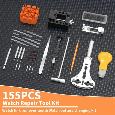 Shows the complete set of tools and accessories included in the watch repair kit, helping shoppers understand the comprehensive value and functionality they receive with their purchase.
