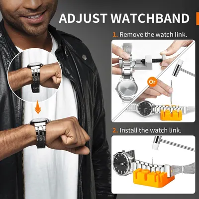 Provides step-by-step instructions on how to adjust the watchband by removing and installing watch links, helping shoppers understand the customization process.