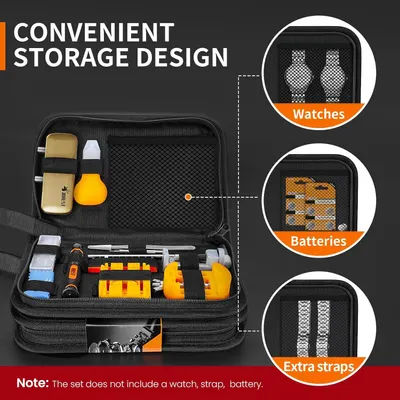 Demonstrates the organized internal layout and storage zones of the case, showing shoppers how different watch accessories and tools can be neatly stored in designated compartments. Shows all the…