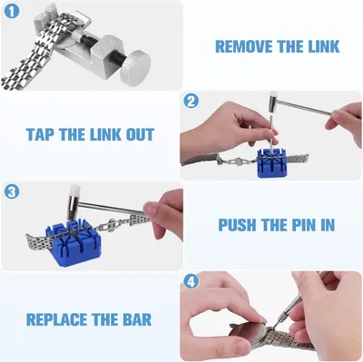 Provides step-by-step instructions on how to adjust a watch band by removing links, tapping out pins, and reassembling the band, helping shoppers understand the ease of customizing the fit.