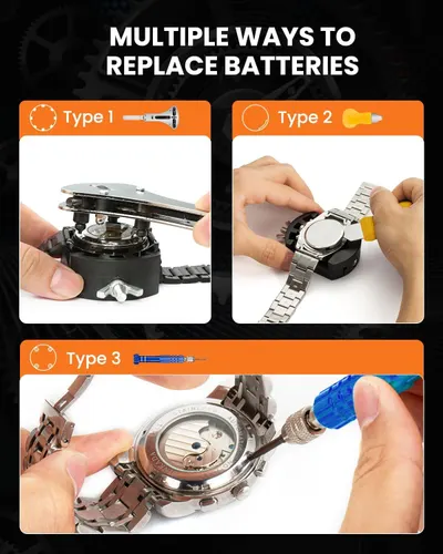 Demonstrates three different methods for replacing watch batteries, educating shoppers on the various techniques they can use depending on their watch type. Shows the product's versatility by…