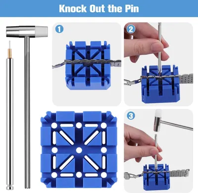 Demonstrates the step-by-step process for using the watch band pin removal tool to adjust or repair watch straps, helping shoppers understand the proper usage technique.