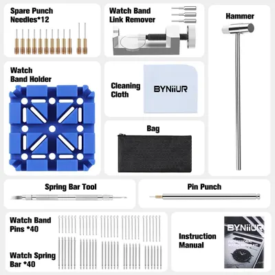 Shows all the tools and accessories included in the watch repair kit to help shoppers understand the complete value and functionality of the bundle.