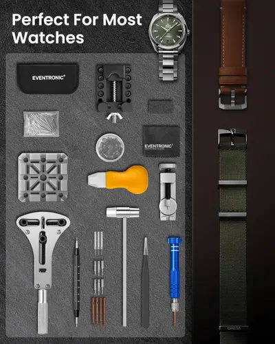 Shows all the tools and accessories included with the watch repair kit, demonstrating the comprehensive nature of the bundle and reassuring shoppers they'll have everything needed for watch…
