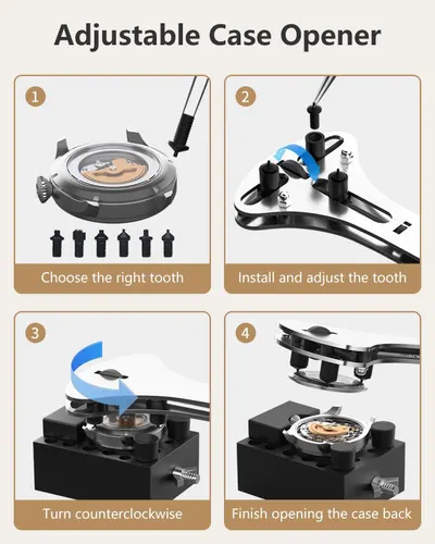 Demonstrates the complete 4-step process for using the adjustable case opener tool to open watch case backs, providing clear sequential guidance to help users successfully operate the tool.