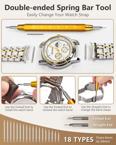 This image demonstrates step-by-step how to use the double-ended spring bar tool to install, remove, and change watch straps, reassuring shoppers that the process is easy and straightforward. Shows…