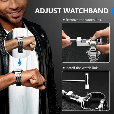 Provides step-by-step instructions on how to adjust the watchband by removing and installing watch links, helping shoppers understand the customization process.