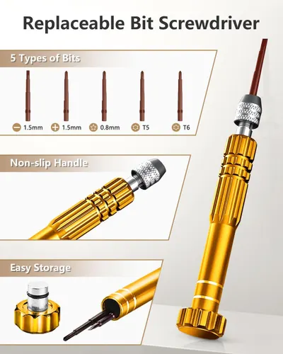 Communicates the versatility and convenience of the screwdriver by highlighting three distinct benefits: multiple bit options for different tasks, ergonomic grip for control, and compact storage…