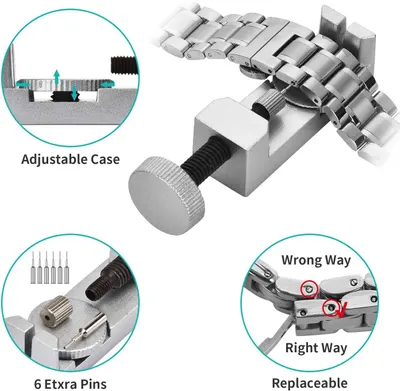 Communicates multiple product benefits in a segmented layout, showing the adjustable case mechanism, included extra pins, and correct installation method to reassure shoppers of versatility,…