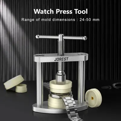 Communicates the range of watch case sizes (24-50mm) that the tool can accommodate, helping shoppers understand the tool's compatibility with different watch sizes. Shows all the components included…