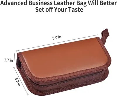 Communicates the exact physical dimensions of the leather bag to help shoppers understand its size and portability for business use.