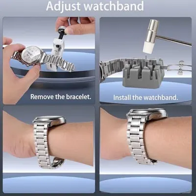 Demonstrates the step-by-step process of adjusting and installing a watch bracelet, reassuring shoppers that the product is easy to customize for proper fit.
