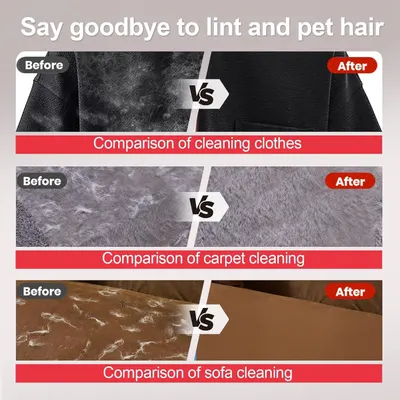 Demonstrates the product's effectiveness at removing lint and pet hair from multiple surfaces (clothes, carpet, sofa) by showing clear before-and-after transformations. Shows the product works…