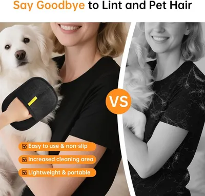Demonstrates the product's superior ability to remove pet hair and lint compared to a generic alternative, showing a clean result versus a hair-covered surface. Highlights three distinct product…