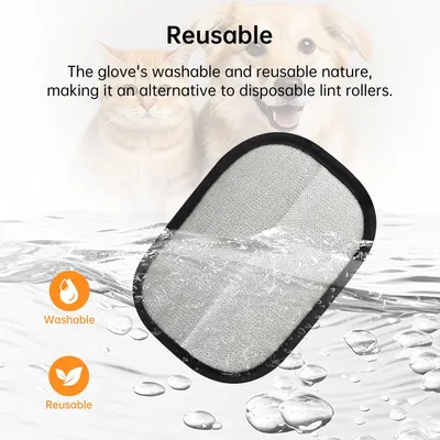 Communicates that the pet grooming glove is washable and reusable, positioning it as an environmentally responsible alternative to disposable lint rollers. Highlights the key benefit of reusability…