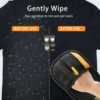 Demonstrates the product's effectiveness by showing a clear before-and-after transformation—removing lint and pet hairs from fabric to reassure shoppers of its cleaning performance.