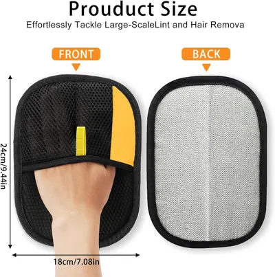 Communicates the exact physical size of the lint and hair removal mitt (24cm x 18cm / 9.44in x 7.08in) to help shoppers understand the product's scale and whether it fits their needs. Shows the…