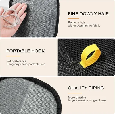 Showcases three distinct product benefits in a segmented layout: gentle hair removal without fabric damage, portability with a hanging hook, and durable construction with quality piping for…