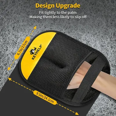 Communicates the exact physical dimensions of the product (6.7in x 9.5in) while highlighting the design upgrade that ensures a tight, secure fit to the palm to prevent slipping. Reassures shoppers…