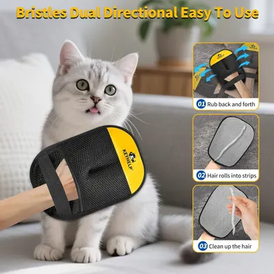 Demonstrates the three-step process for using the pet grooming mitt: rub back and forth to collect hair, watch hair roll into strips, and clean up the collected hair. Reassures shoppers that the…