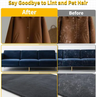 Demonstrates the product's effectiveness at removing lint and pet hair from various surfaces (clothing, furniture, rugs) by showing clear before-and-after transformations.