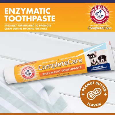 Communicates multiple distinct benefits of the dog toothpaste including enzymatic cleaning, breath freshening, tartar control, and appealing peanut butter flavor to convince pet owners this is a…