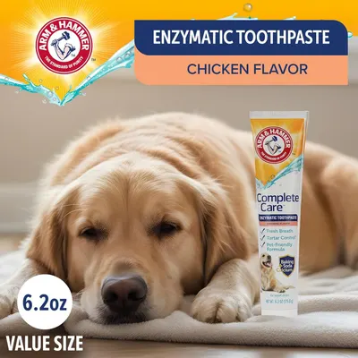 Communicates the product's enzymatic toothpaste formula with chicken flavor, highlighting key benefits like fresh breath, tartar control, and pet-friendly ingredients to reassure pet owners of its…