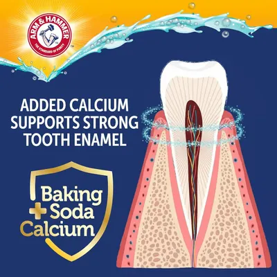 This image uses a detailed cross-section of a tooth to visually explain how the product's added calcium supports and strengthens tooth enamel, providing educational reassurance about the product's…
