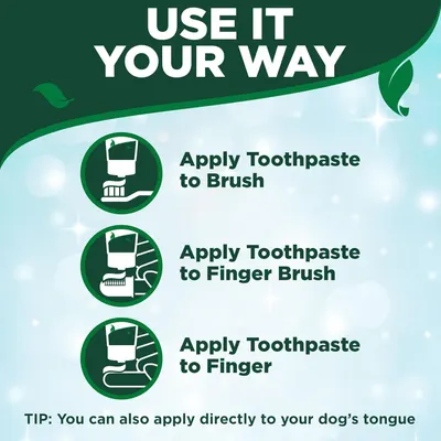 Demonstrates three different ways to apply the toothpaste product, giving pet owners flexibility in how they use it with their dog. Shows multiple application scenarios for the product, emphasizing…