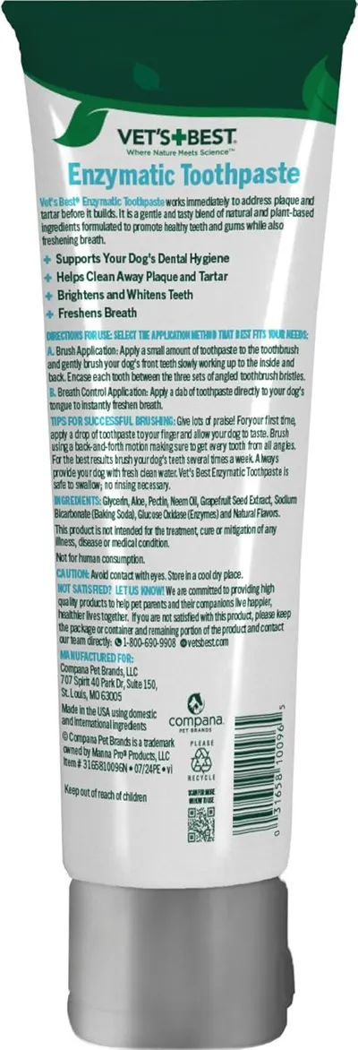 Communicates multiple distinct benefits of the enzymatic toothpaste through a bulleted list format, showing shoppers that the product addresses several dental care needs for their dog.