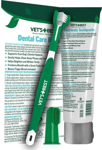 Shows the customer everything included in the purchase: enzymatic toothpaste, toothbrush, and dental care gel, reassuring them they're getting a complete dental care solution for their pet.
