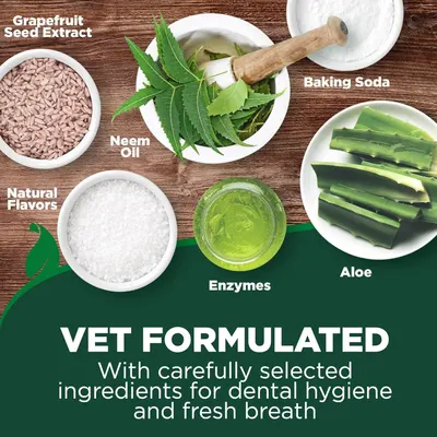 Breaks down the product's natural ingredient composition to reassure pet owners that the dental hygiene formula is vet-formulated with safe, recognizable, plant-based components. Communicates…