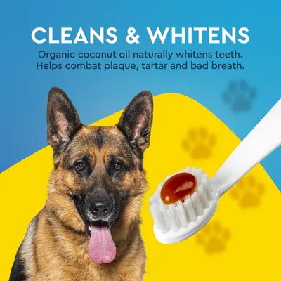 Communicates multiple oral health benefits of the coconut oil toothpaste for dogs, including whitening, plaque/tartar reduction, and breath freshening to reassure pet owners of comprehensive dental…