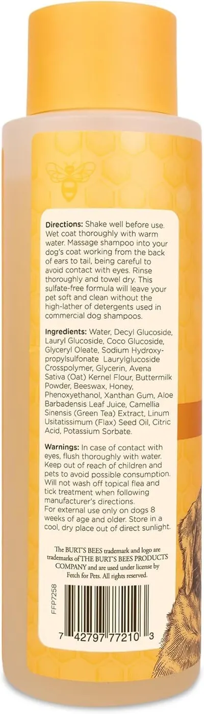 Shows the back label of the dog shampoo bottle with directions, ingredients, and warnings to provide shoppers with detailed product information.