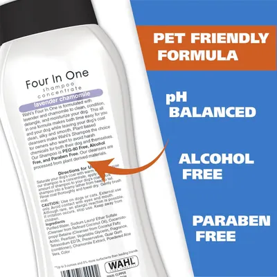 Communicates multiple safety and quality benefits of the dog shampoo formula to reassure pet owners that the product is gentle, safe, and free from harsh chemicals.