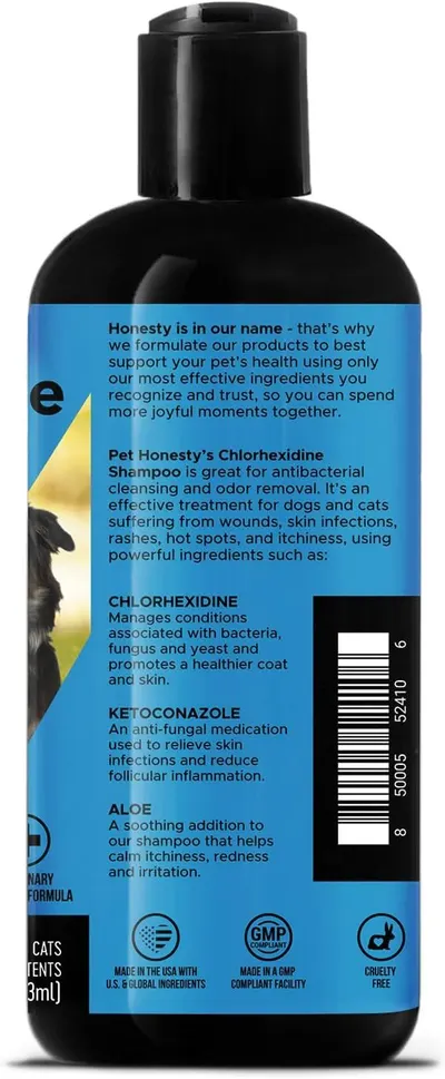 Breaks down the key active ingredients in the pet shampoo and explains what each component does to treat bacterial and fungal skin conditions, reassuring pet owners of the product's effectiveness.