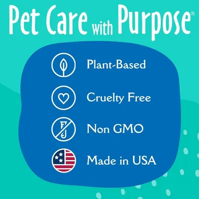 Communicates multiple ethical and quality attributes of the pet care product to reassure shoppers about the brand's values and product standards.