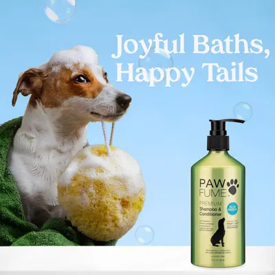 Creates an emotional connection by showing a happy dog enjoying bath time with the product, communicating that the shampoo makes bath time joyful and pleasant for pets.