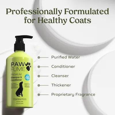 This image breaks down the key ingredients in the pet shampoo formula to reassure shoppers about the professional formulation and quality components that contribute to healthy coats. Communicates…