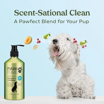 Communicates that the shampoo offers a pleasant, natural scent blend with fruit ingredients, appealing to pet owners who want a fresh-smelling, gentle product for their dogs.