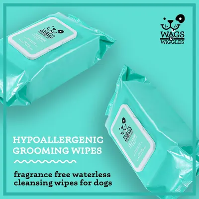 Communicates multiple key product benefits (hypoallergenic, fragrance-free, waterless) to reassure pet owners that these grooming wipes are safe, gentle, and convenient for their dogs.