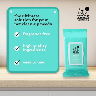 Communicates three distinct product benefits in a checklist format to reassure pet owners that these wipes are safe, effective, and convenient for pet clean-up.