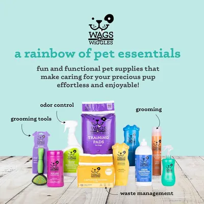 Showcases the Wags & Wiggles brand's full product portfolio of pet care essentials, organized by category (grooming tools, odor control, grooming, waste management) to help shoppers understand the…