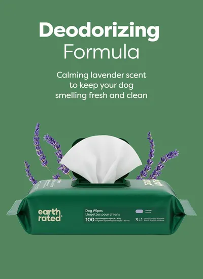 Highlights the product's deodorizing formula with calming lavender scent to reassure shoppers that the wipes will keep their dog smelling fresh and clean.