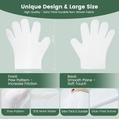 Communicates multiple distinct product benefits in a segmented layout, including size dimensions, dual-sided design features, material quality, and construction method to reassure shoppers of…