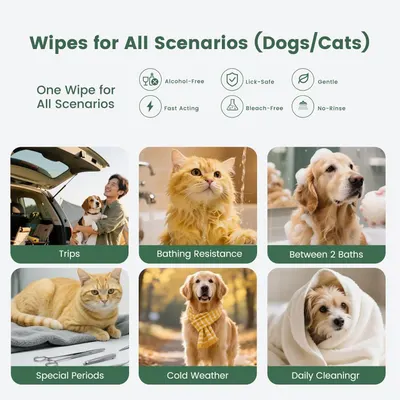 Demonstrates the product's versatility by showing six different scenarios where pet wipes can be used (trips, bathing, between baths, special periods, cold weather, and daily cleaning), reassuring…