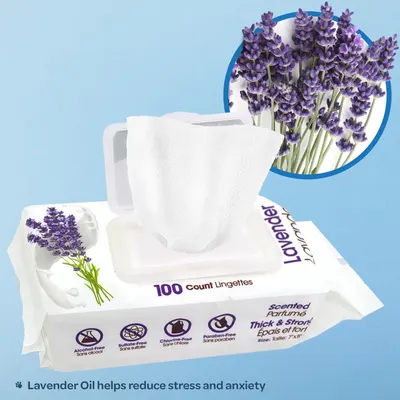 Highlights the lavender oil ingredient and its calming benefit to reassure shoppers that these wipes offer aromatherapy and stress-reduction properties.