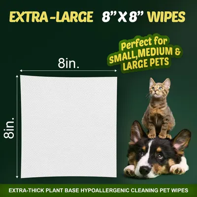 Communicates the physical dimensions of the wipes (8 inches by 8 inches) to help shoppers understand the generous size and suitability for pets of various sizes. Highlights that the extra-large wipe…
