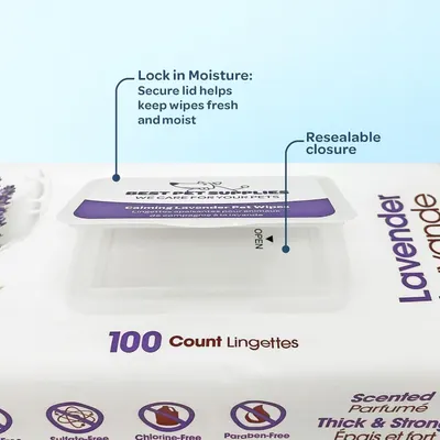 Highlights the physical features of the wipes packaging that keep wipes fresh and moist, reassuring shoppers about product quality and usability. Communicates the quantity of wipes included in the…