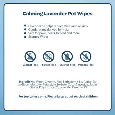 Communicates multiple distinct benefits of the pet wipes including stress reduction, gentle formula, safety, and absence of harmful chemicals to reassure pet owners about product quality and…